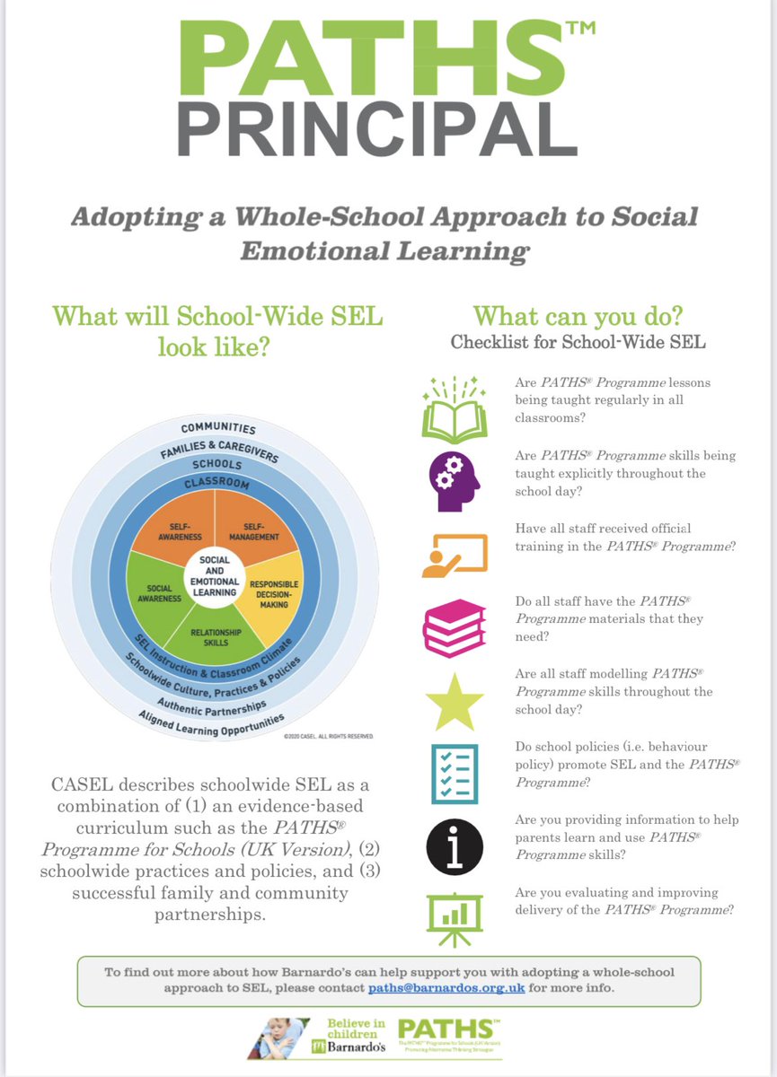 So far this week we’ve focused on #gettingstarted, and top tips for #fidelity. Now it’s time to speak to head teachers / principals!

Want to make sure your efforts in delivering #UKPATHS lead to a #wholeschoolapproach? Follow our checklist below to help with this.