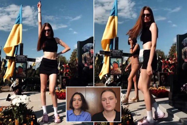 MavenBuzz's tweet photo. Ukrainian sisters arrested for twerking on the graves of fallen soldiers. The sisters are facing 5 years in prison. 👀💀 https://t.co/n5ue6j5ODL