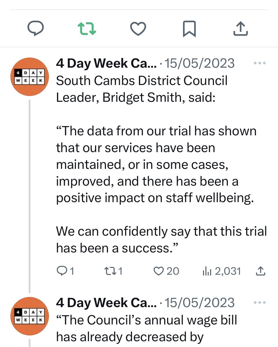 4Day_Week's tweet photo. 🧵Please rt:

The ongoing Cambridgeshire council 4-day week trial is saving money, fixing recruitment, maintaining services and improving workers lives. ✅

It’s working so well, the trial has expanded to more council employees. https://t.co/WxkO4L6MD0