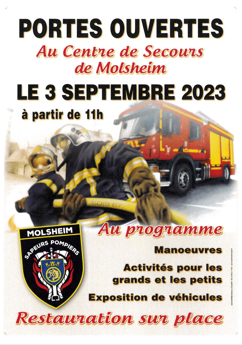 sdis67's tweet photo. [#PortesOuvertes] 🚒 Dimanche 3 septembre 2023, journée « portes ouvertes » des #Pompiers67 au centre d’incendie et de secours de #Molsheim
#Volontariat #EngagementCitoyen https://t.co/m9nsEJ3em9