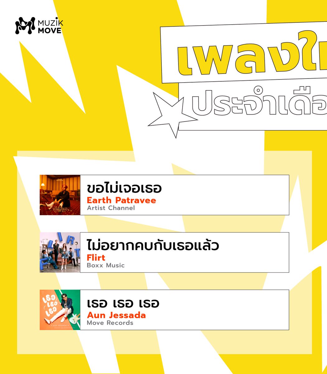 MuzikMove's tweet photo. NEW Releases in  August  2023
เพลงใหม่ประจำเดือน สิงหาคม 🎼💛

#MuzikMove 
#NewRelease
#ขอไม่เจอเธอ #EarthPatrave
#ปิดทองหลังใจ #InkWaruntorn
#ไม่อยากคบกับเธอแล้ว #Flirt #ความฝัน 
#Phafun #เธอเธอเธอ #AunJessada 
#ยายเธอจะว่าอะไรมะ #Boxxmusic 
#ZIRCLEMUZIK #MoveRecords https://t.co/leg3HlaEps