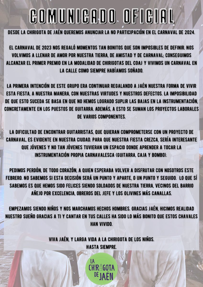 🎭 𝗖𝗢𝗠𝗨𝗡𝗜𝗖𝗔𝗗𝗢 𝗢𝗙𝗜𝗖𝗜𝗔𝗟 𝗖𝗔𝗥𝗡𝗔𝗩𝗔𝗟 𝟮𝟬𝟮𝟰.

Desde la Chirigota de Jaén anunciamos la no participación en el próximo carnaval. 

¡Gracias por tanto, Jaén! 💜