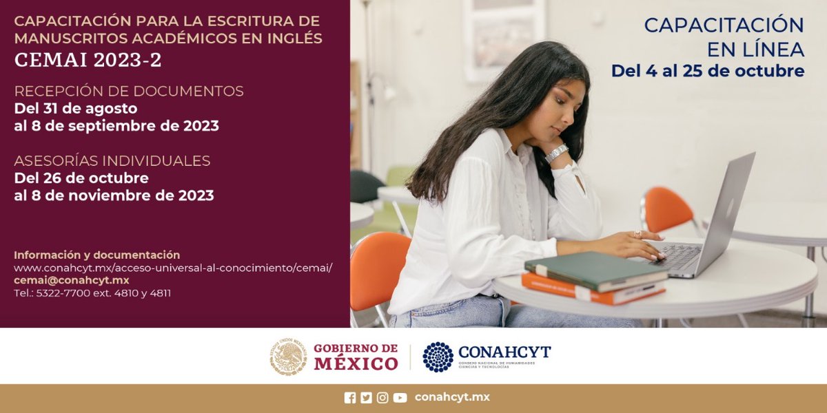 ElenaBuylla's tweet photo. A las y los alumnos de posgrados públicos y de Centros Públicos @Conahcyt_Mex de todo el país que requieran un artículo en inglés para publicar o como método de titulación, se les invita a la Capacitación para la Escritura de Manuscritos Académicos en Inglés #CEMAI 2023-2
➡️1/3 https://t.co/3ZUGWUcjoc