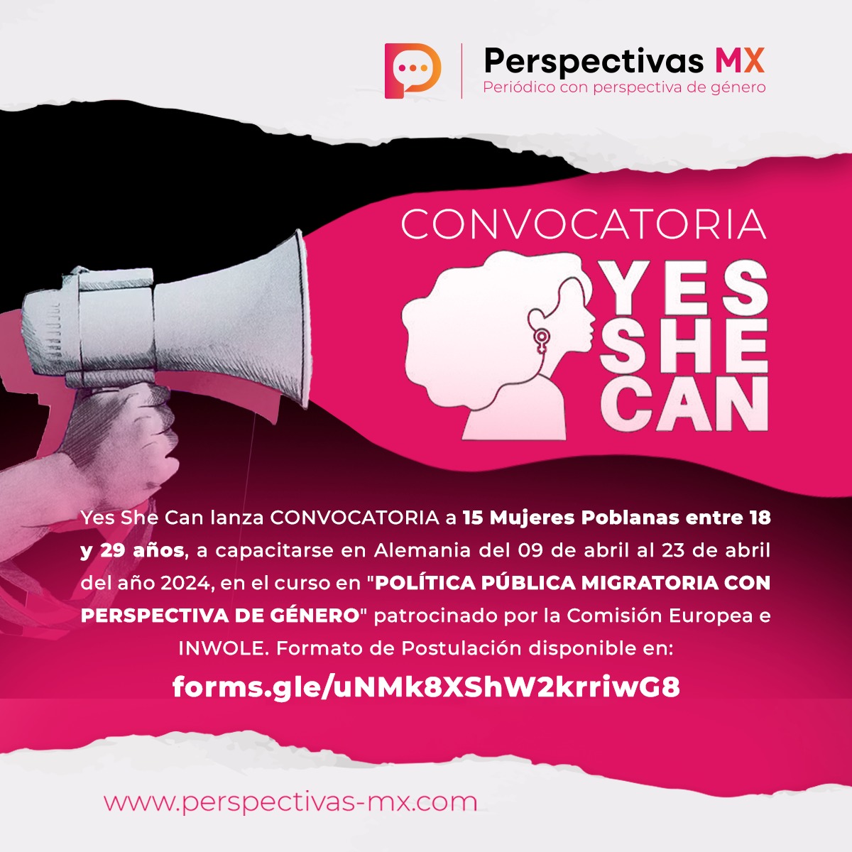 Yes She Can lanza CONVOCATORIA a Mujeres Poblanas a capacitarse en Alemania en el curso "POLÍTICA PÚBLICA MIGRATORIA CON PERSPECTIVA DE GÉNERO"  Formato de Postulación disponible en forms.gle/uNMk8XShW2krri……
<a href="/Reddecandidatas/">RedDeMujeres+Candidatas</a> <a href="/YosParedes/">Yoselin Paredes</a> <a href="/yes_shecanwecan/">YES SHE CAN</a> <a href="/50mas1Mx/">50+1</a> <a href="/RedPolitologas/">Red De Politólogas - #NoSinMujeres</a>