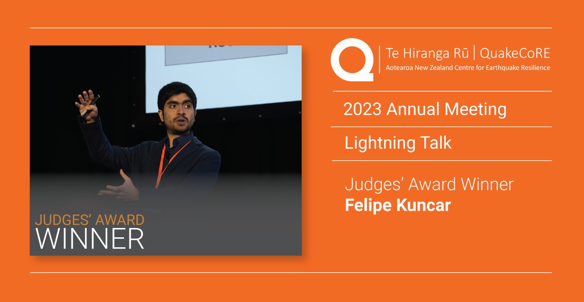 QuakeCoRE's tweet photo. 🎉 Congratulations to @FelipeKuncar (@UCEngineering), the QuakeCoRE 2023 Annual Meeting Lightning Talk Judges' Award Winner!

All #QCAM23 attendees have enjoyed hearing about the research being undertaken by students in the QuakeCoRE Community. https://t.co/LLcsf8Bqho