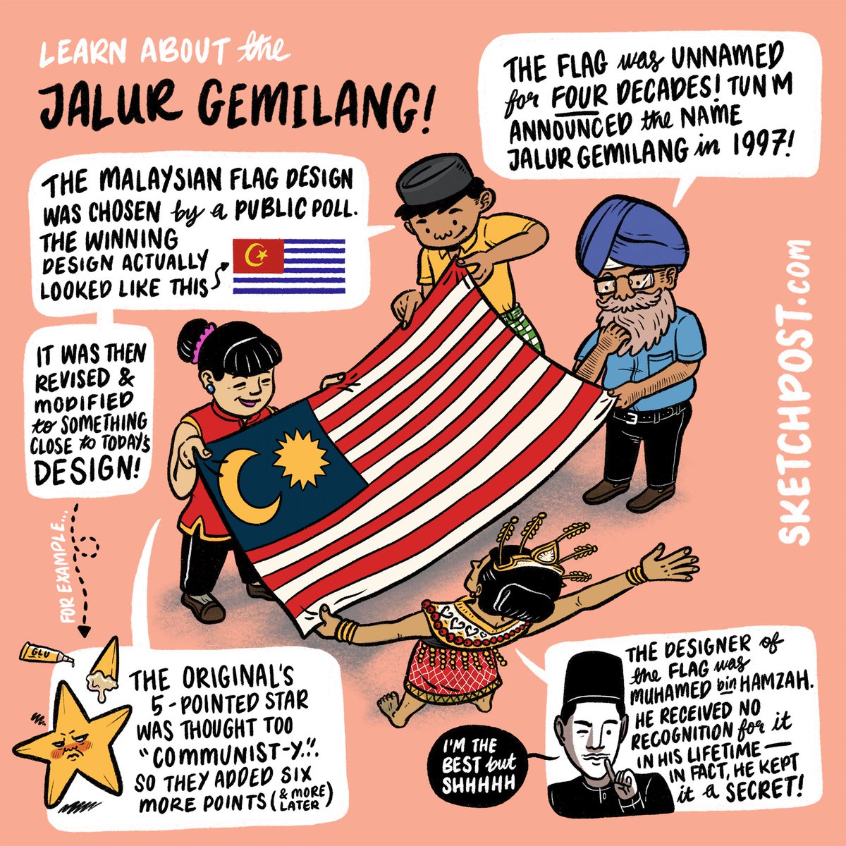 Sketch_Post's tweet photo. Selamat Hari Merdeka! 🇲🇾 Happy 66th Independence Day to all our Malaysian friends! 🎊Ace your next impromptu pop quiz with these nuggets of neat facts about the Malaysian flag that we did a few years ago! 😉
.
.
.
#selamatharimerdeka #merdeka #infographic #illustrations #digital https://t.co/R4AirwSGHu