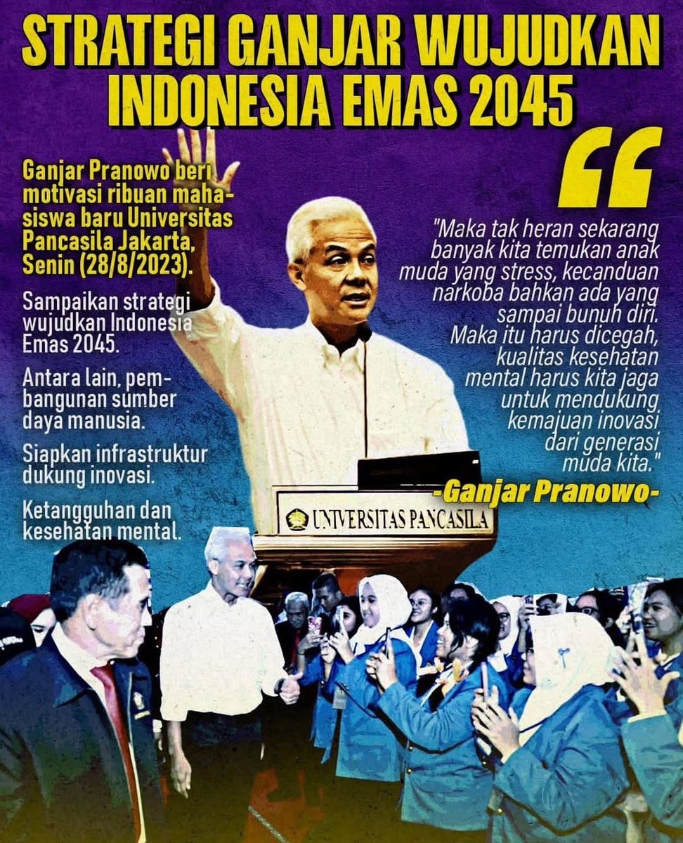wongAyoe2021's tweet photo. Ganjar perkuat integritas generasi muda menuju Indonesia Emas 2045

Siapkan infrastruktur, dukung inovasi dengan SDM melalui generasi muda berkualitas
Maka negara akan kuat menuju Indonesia hebat
 @ganjarpranowo 

Sosok Ganjar Pranowo
#JatengSelaluDihati https://t.co/LCUnz5OeB6