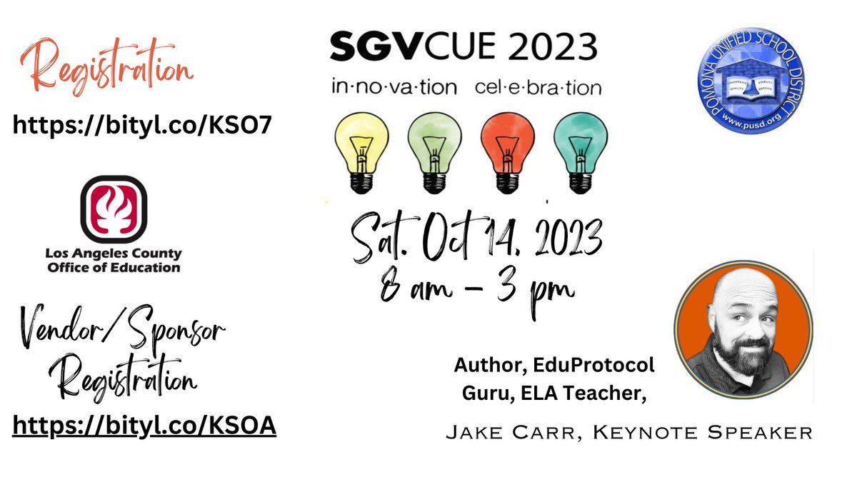 SGVCUE's Innovation Celebration, Oct. 14, 2023 8am - 2:30pm. Registration: bityl.co/KSO7 District Pricing also available. email: sgvcueboard@sgvcue.org