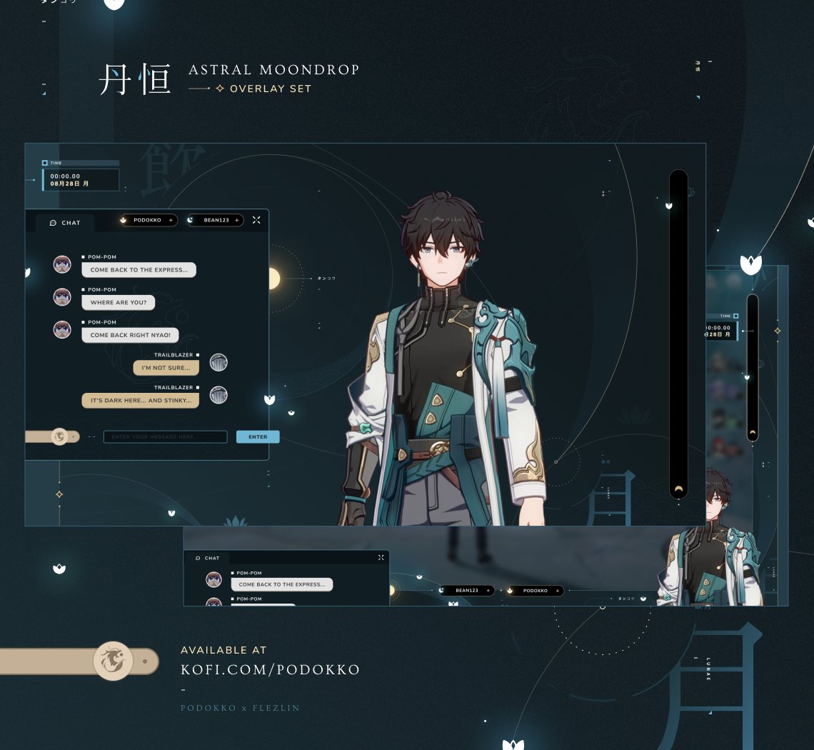 podokko's tweet photo. 🌙【 丹恒: ASTRAL MOONDROP 】▸ P2U Overlay Set 
※ Designed by @podokko &amp;  @flezlin

▸ https://t.co/FexbRgtZBC
 
Celebrating Inbibitor Lunae's release with a minimalistic set inspired by his design + Honkai Star Rail UI!  
#VtuberAssets / #HonkaiStarRail https://t.co/FkW6zQ437H