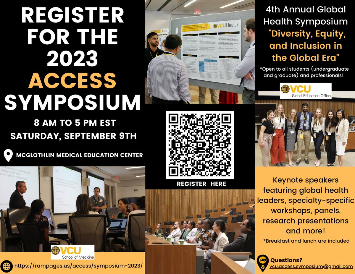 It is not too late to register for the upcoming #GlobalHealth Symposium at VCU School of Medicine on Sat, Sept. 9! Participate in exciting workshops and learn from our notable keynote speakers. Learn more here: rampages.us/access/symposi…