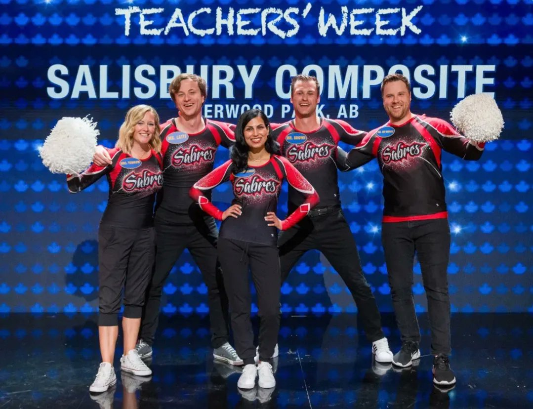 SalComp's tweet photo. Check out our very own @salcompsabres teachers in action on @familyfeudcanada September 20th at 7:30pm on CBC! Mr Latte, Mrs.Tomkow, Mr.VanDrunen, Mr.Brown and Ms.Khunkhun competed to win some cold hard cash for the school! #sabrepride🔴⚫️ #familyfeud #itsupthere https://t.co/2UEEjDFUHu