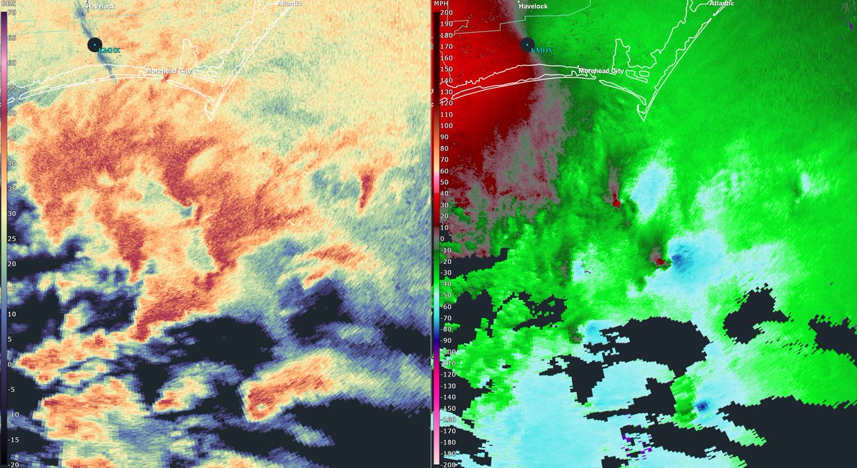 DualDoppler's tweet photo. It's a waterspout-pocalypse off the coast of North Carolina tonight with several violent supercells flying N towards the coast on the NE side of #Idalia. Hoping as they approach land they lose some steam... because some of these waterspouts have looked particularly intense. #ncwx https://t.co/kIF7ccxvF4