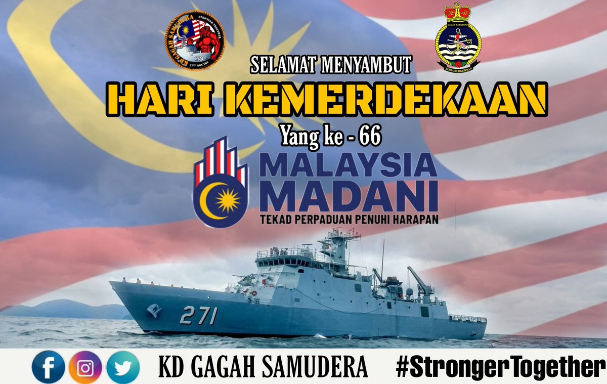 Merdeka ! Merdeka ! Merdeka !

Selamat Menyambut Hari Kemerdekaan ke 66 bagi seluruh rakyat Malaysia. Tekad Perpaduan Penuh Harapan. Ikhlas daripada Pegawai Memerintah dan seluruh warga KD GAGAH SAMUDERA.