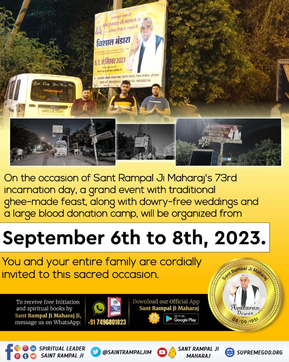 Pawan_Das_02's tweet photo. #BhandaraInvitationToTheWorld
"Join us for a spiritually uplifting bhandara, guided by the teachings of Sant Rampal Ji Maharaj."
સંતરામપાલજી દ્વારા વિશાળ ભંડારો
#सन्त_रामपालजीद्वारा_महासमागम https://t.co/q0pYRAcF1X