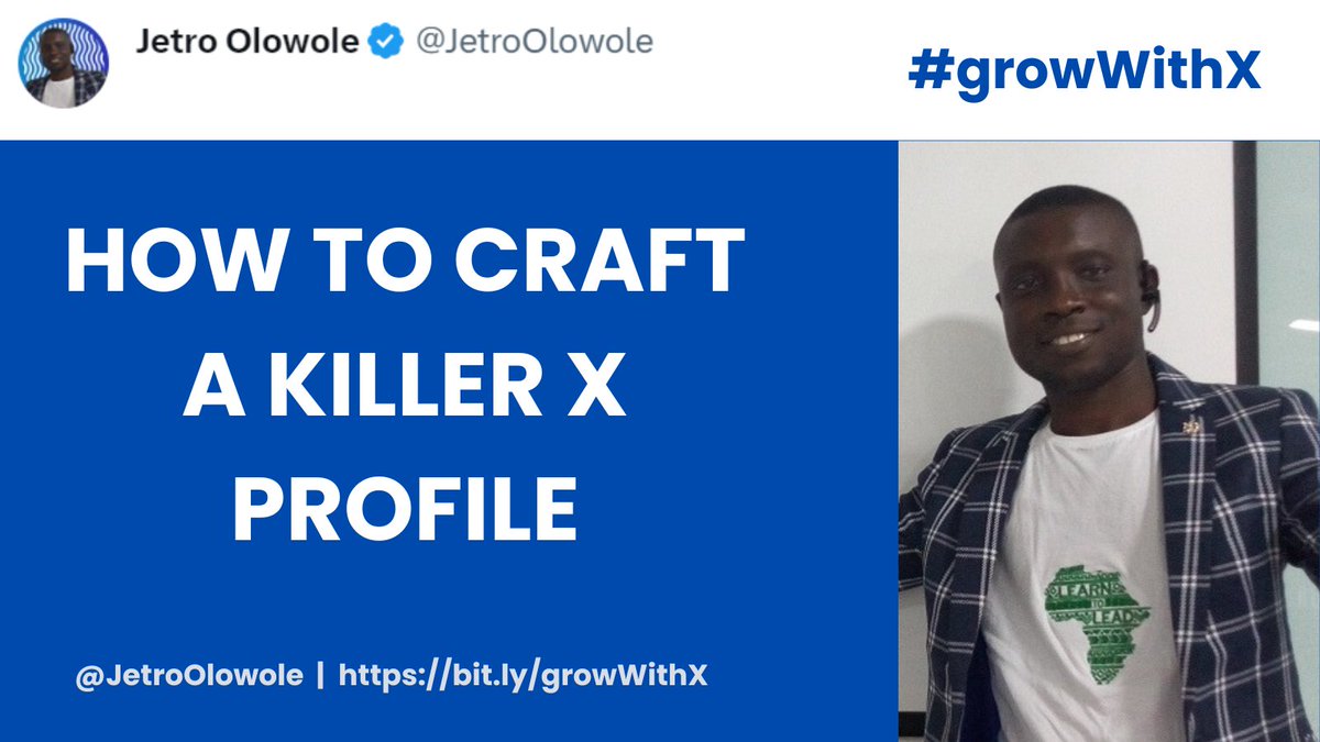 JetroOlowole's tweet photo. ✍️HOW TO CRAFT A KILLER X PROFILE
Crafting a killer X profile is important to make a strong first impression and attract followers.
You should optimize your profile because your profile will work like your landing page on Twitter.
Your X Bio is 100x more important than your CV and personal website if you want to grow your audience.
Here are some tips to help you create a killer X profile:
Note: Choose a username that is easy to remember and relevant to your brand or personal identity.
For an Awesome #Profile, you must have
✔️A Stunning Profile Picture AKA #profilepic
✔️A X Banner
✔️A Clear #Bio
1⃣Profile Picture:
A profile picture is important for a X account for several reasons:
1. #Identification
2. #Branding
3. First Impression
4. Credibility
5. #Engagement
Overall, having a profile picture on X is a small but important aspect of creating a professional and engaging online presence.
Your X profile picture will work your face on social media.
That's why I suggest you to have a decent studio type profile picture.
Remember: Human are highly visual that is why you must have a clear view of your face as a profile picture.
Don't know how to create a studio type photo?
Create an awesome profile picture for free with this amazing AI tool known as Profile Picture Maker.
Here is the link to use this tool for free: https://t.co/kiBRzHEret
Features of this Profile Picture Maker:
1. AI background remover
2. Instant generate Profile picture in seconds
3. 100+ Amazing free designs
By using that tool I generate a free professional profile picture for my X account as well.
2⃣ X Banner
Your banner is a business card.
When people see your page, they will make a decision to follow you in 5 seconds or less.
Your banner must make it clear who you are, and what you offer THEM.
It is not about you. It is about THEM.
Don't know how to create a Twitter?
Use this tool to create an amazing banner for free: Visit: https://t.co/IVlBYM4olJ for creating colorful headers.
3⃣ Clear Bio
Bio play's very important part because this turns profile visitors into followers more than anything else.
Your bio is an elevator pitch, which needs to answer:
✔️Who are you?
✍️What are you doing?
✔️What have you done?
✔️What can you do for you audience?
Here is one amazing tool you can use to check if your bio is perfect or not. Click here: https://t.co/4lHtGgVAnI
This awesome tool will help you turn your profile into a follower magnet.
Birdy lets you split-test multiple aspects of your profile.
Once you optimize your profile with these 3 things, you are good to go.
I hope it helps you.
If you have any question below ask.
This post is part of the 30 Day Organic Growth on X Campaign. To join the campaign comment DM Me.
Please note that I will provide update on this post in the comment section.