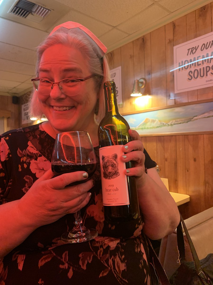 TwinPeaksHeidi's tweet photo. Enjoying a glass (or two...) of @Kyle_MacLachlan's lovelyBear Cub Red at the RR. 
It's ok--I'm not in uniform. https://t.co/Q83HPajkNc