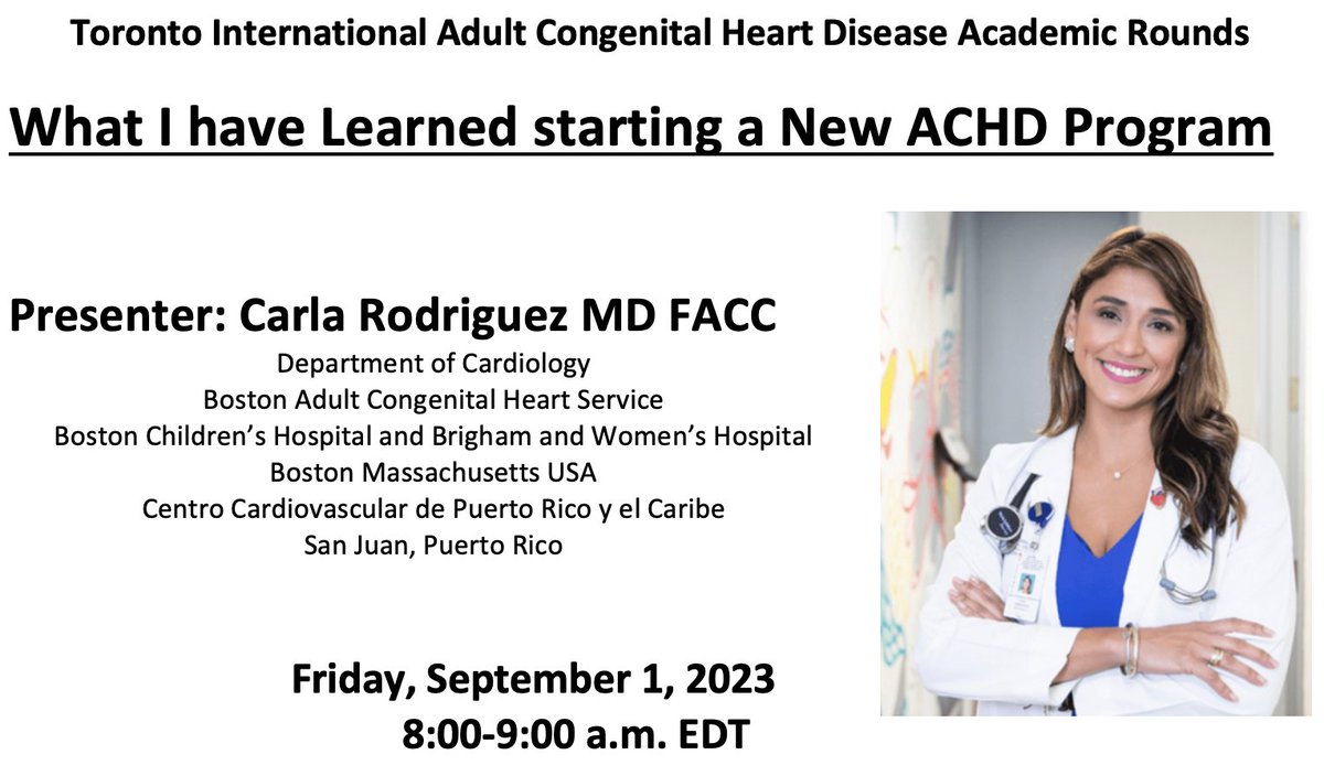 After the summer break, the Toronto ACHD International rounds are back. This week Dr. Carla Rodriguez will share with us what she has learnt starting a new ACHD Program in Puerto Rico. Please join us live at meet.goto.com/443478301 @TorontoACHD @interactiveachd