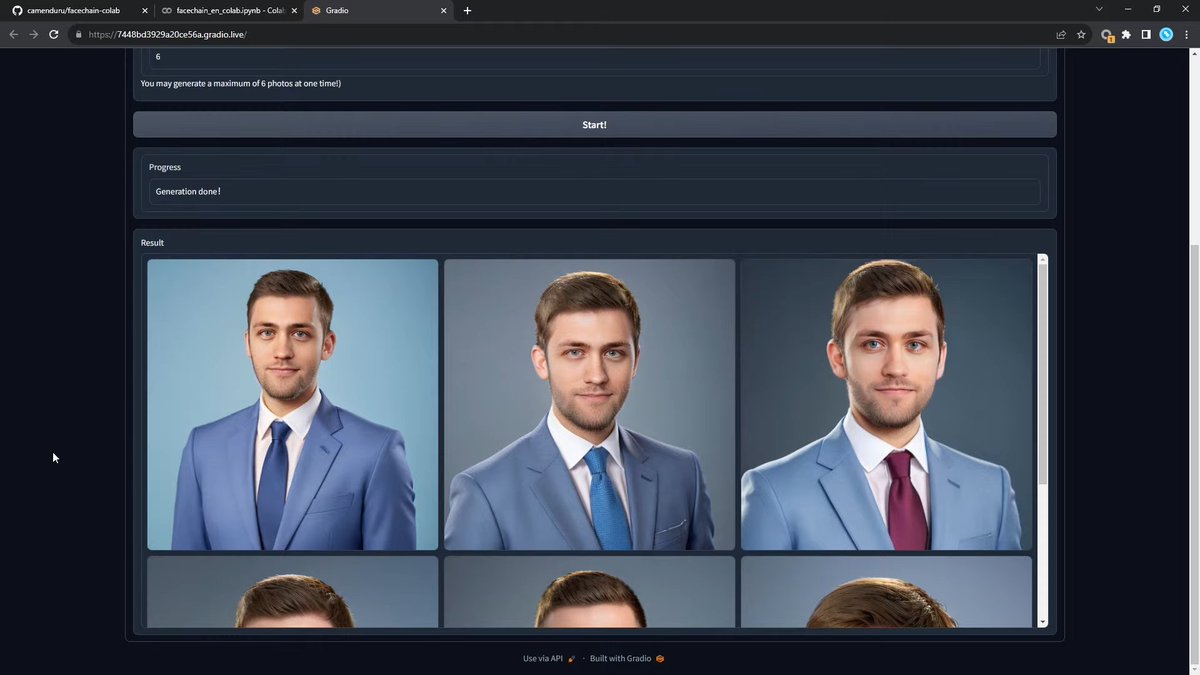 camenduru's tweet photo. With 3 photos, we can fine-tune text-to-image models. #FaceChain uses 10 different pipelines to achieve the best results.

Now on Colab 🥳 Thanks to https://t.co/jPksbZKzvd ❤ and FaceChain Team ❤

🧬code: https://t.co/6LSy8wOeX4
🦒colab: please try it 🐣 https://t.co/MoesXsl8CF https://t.co/A8vDa99sl4