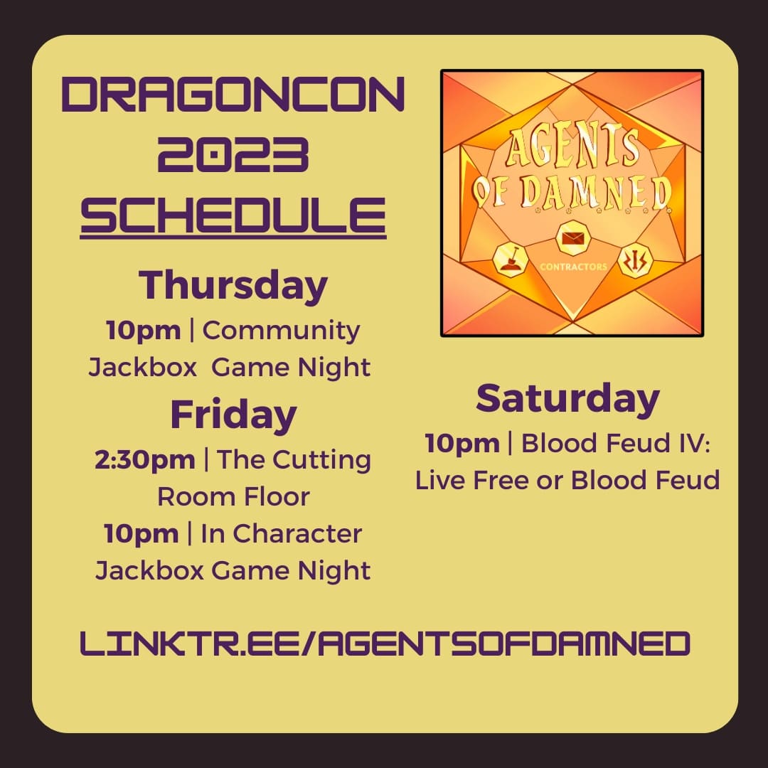 AgentsofD's tweet image. Dragoncon bound! Come join us Thursday night at 10pm in Hilton Galleria 6 for Jackbox games! #DragonCon2023