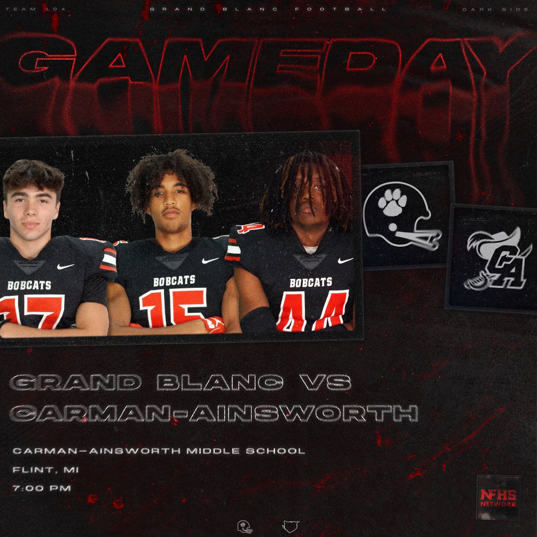 GrandBlancFB's tweet image. The 39th all-time meeting in this rivalry!

📍 Carman-Ainsworth Middle School
🧭 1409 Maple Rd
⏰ 7:00 pm
📺 tinyurl.com/5ea3fppv

#DARKSIDE 🐾🏈
