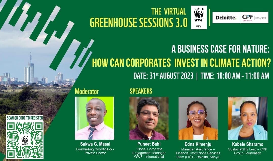 SakwaMasai's tweet photo. Happening Today.                                                 
Thurs, 31st Aug, 2023 - 10- 11 am EAT. - Virtually 
Register via https://t.co/ayEruLywC7 

#Sustainability #Business &amp; #Nature #ACS23 
@WWF_Kenya @DeloitteKenya @CPFKenya https://t.co/an6qAgFz7c