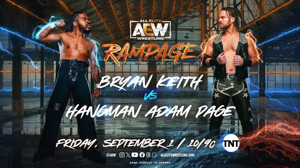 AEW's tweet photo. Hangman Adam Page will go one-on-one with @bountykeith TOMORROW on #AEWRampage!
Don’t miss Friday Night #AEWRampage at 10pm ET/ 9pm CT on @tntdrama! https://t.co/A4nKzf7R1K