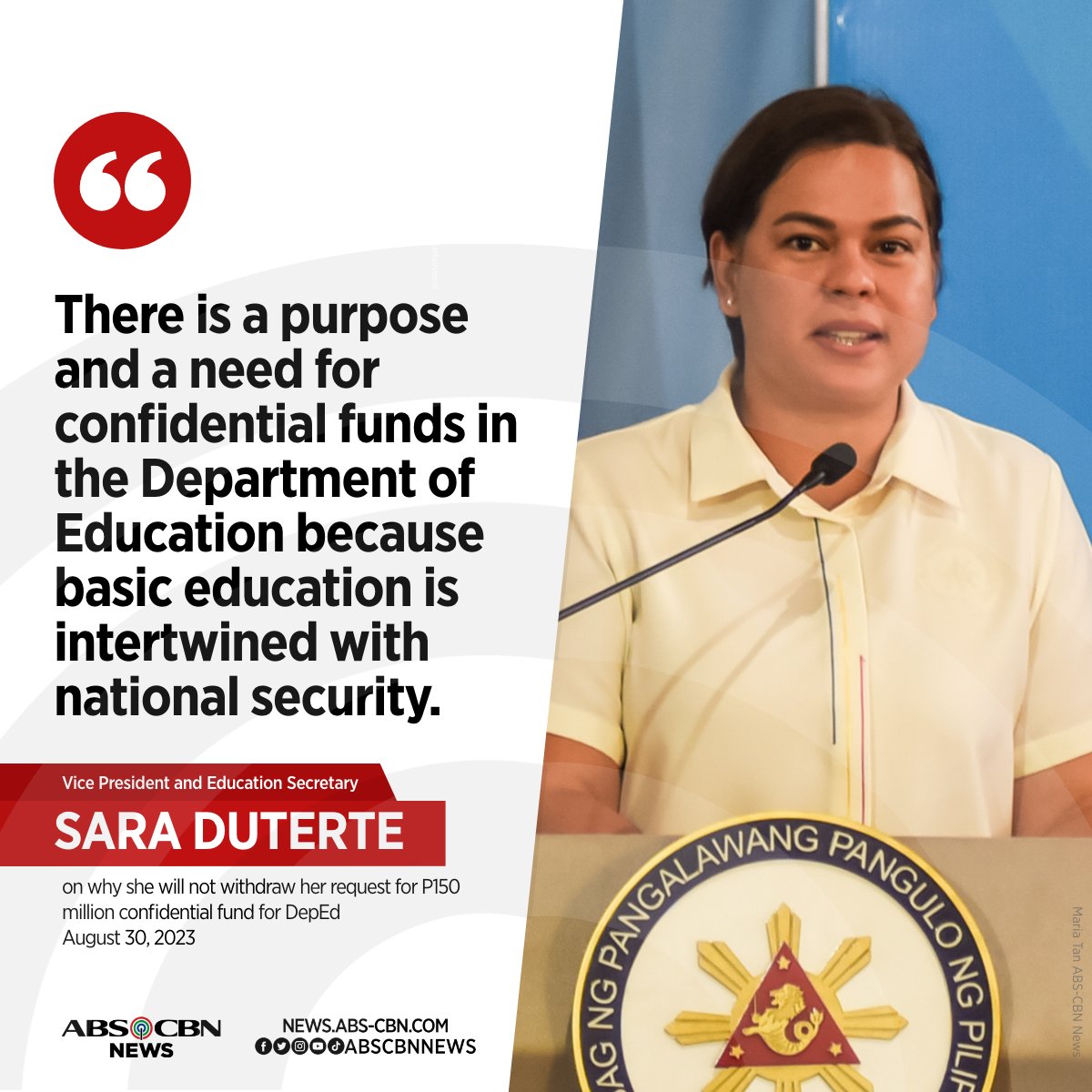 ABSCBNNews's tweet photo. Dinepensahan ni VP Sara Duterte kung bakit may P150 million confidential fund sa 2024 budget ng DepEd.
BASAHIN: https://t.co/uv4dfHN4RM https://t.co/Ix7doat9Zl