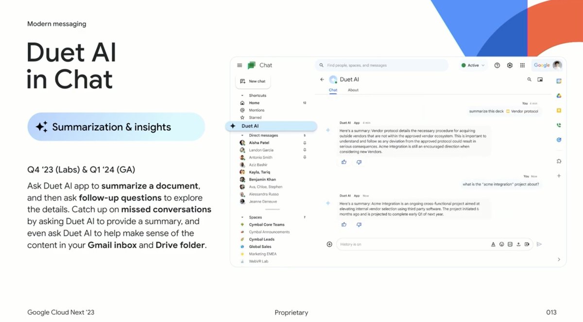ivankutil's tweet photo. 🆕 Duet AI in Chat (#GoogleWorkspace)
- Duet AI as bot / virtual contact
- summary of document from Google Drive + QnA
- summary of Chat conversation
- interaction with Gmail Inbox or Drive folder
#NEXT23 #google #googlecloud #GoogleNext23 #CloudNext2023 https://t.co/fUWOhMd7jH