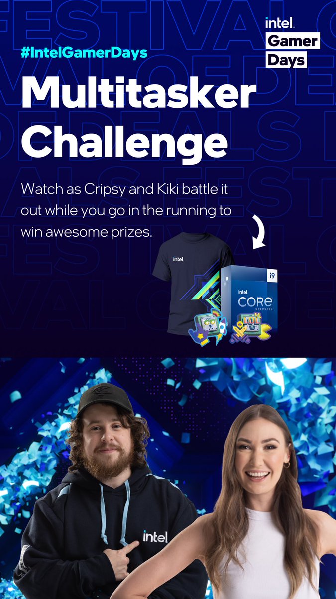 TONIGHT📣
Attempting to keep up with the multitasking power of an Intel 13th Gen processor
Going up against @CripsyAU to celebrate #IntelGamerDays !💙

Tune in 7pm AEST and find out how to score some awesome Intel swag 💃 

#ad #IntelGamerDays #IntelGamingAgent #IntelPartner
