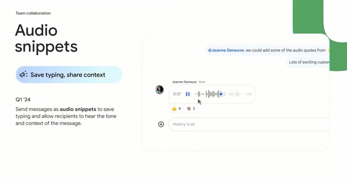 ivankutil's tweet photo. Wow! Audio snippets in #GoogleChat / #GoogleWorkspace
#NEXT23 #google #googlecloud #GoogleNext23 #CloudNext2023 https://t.co/OcJN0LEaoc