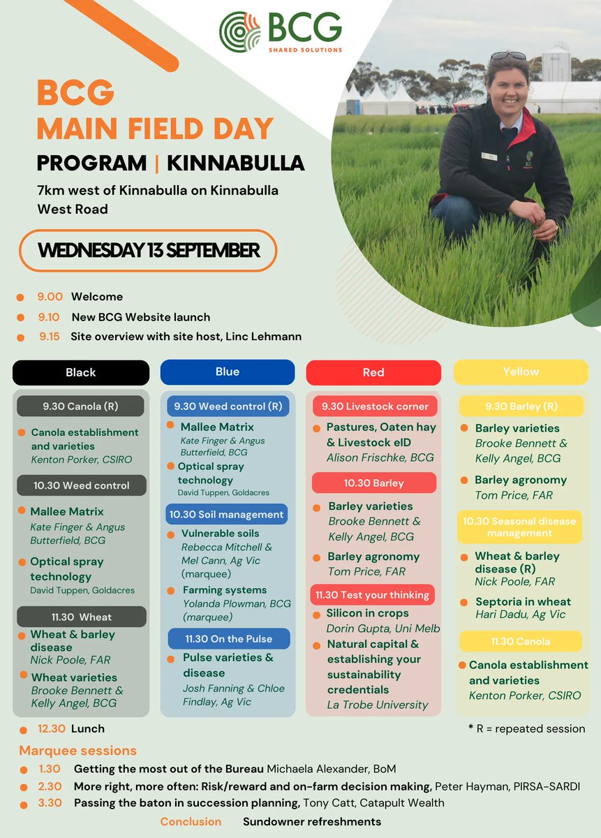BCG_Birchip's tweet photo. We look forward to seeing you at the 2023 BCG Main Field Day on Wednesday 13 September at Kinnabulla. 

Free Entry for BCG Members and $50 for non-Members.

Register online here https://t.co/jPu1eUhziQ https://t.co/Y2m1QzMt3j