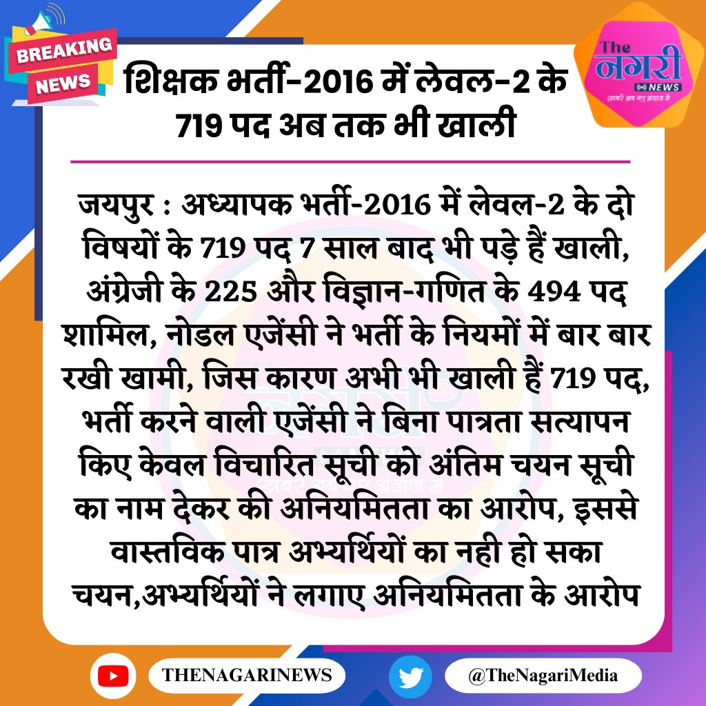 #Jaipur : शिक्षक भर्ती-2016 में लेवल-2 के 719 पद अब तक भी खाली....
#शिक्षक_भर्ती_2016 #l2_परिणाम_जारी_करो #TheNagariMedia