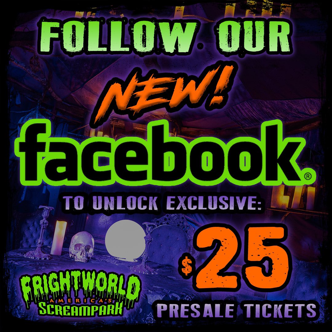 🚨THE LOWEST TICKET PRICE OF THE SEASON🚨

For 48hrs only, 5 House General Admission Tickets are on sale for $25!

Tickets are valid for any regular night of the season and limited to 4 tickets per person. 

Exclusively available through our new Facebook: Facebook.com/frightworldscr…