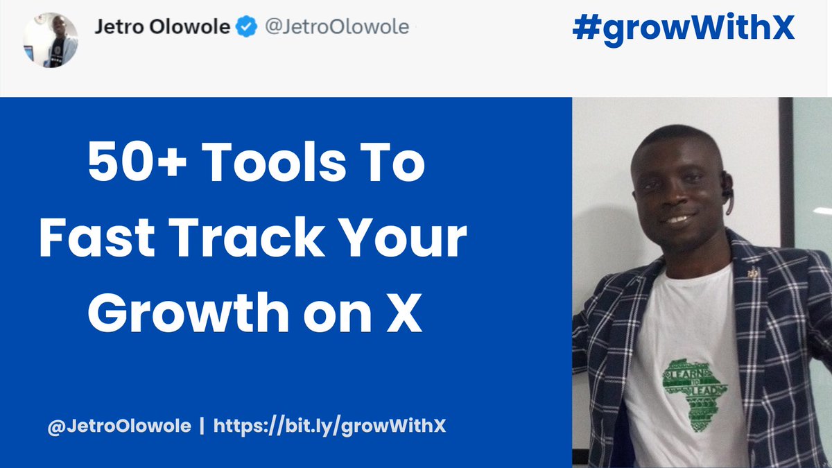 JetroOlowole's tweet photo. ✍️50 TOOLS TO FAST TRACK YOUR GROWTH ON X
This post is part of the 30 Day Organic Growth on X Campaign. To join the campaign comment DM me.
For Writing Tweets and Scheduling
1. Postwise: https://t.co/iUsImRdR0W
2. Hyperfury: https://t.co/z4NudmRh6j
3. Copy AI: https://t.co/AUq0t8aOT1
4. Buffer: https://t.co/iRUncgrijZ
5. Canva: https://t.co/IVlBYM4olJ
For Optimizing your Twitter Profile
1. Tweetdeck : https://t.co/aF6xL3sbOk
2. Bio link: http://Bio.link3. Birdy: https://t.co/y77f1AvRjG
4. Zapier: https://t.co/zh41waYY45
5. Click to tweet: https://t.co/V9TklNyRrW
6. Gumroad: https://t.co/gWYTN59Qsf
7. BlackMagic: https://t.co/zTrSTQmiZL
8. Excalidraw: https://t.co/YO9xzKnGIH
9. Profile Picture Maker: https://t.co/kiBRzHEret
10. Poet: https://t.co/9CdFrSw0iA
11. Headers: https://t.co/G7YR9XQIkn
12. Smart Mockups: https://t.co/uDAshl1HCl
13. BuyMeCoffee: https://t.co/f6tqPSomcJ
14. Hootsuite: https://t.co/CUsoGj8lip
15. Minimal Twitter: https://t.co/fQlQUlQ82t…
For Taking Notes
1. Notion: https://t.co/2qvo2nnPsd
2. Google Keep: https://t.co/0b8TCnVUOG
For Auto DM’s
1. Zlappo
2. Inboxs
3. Hivoe
For Cold DM’s
1. ColdDM
For Writing Hooks and Growing Audience
1. TribeScaler
2. Hemingway
3. Purple Photo
4. Ever Note
5. FeedHive
6. ChirApp
7. Typeshare
8. Typefully
9. Tweetmonk
10. Queuo
11. TweetHunter
12. ilo
13. Followerwonk
14. Link Tree
15. PepperType
16. Thread reader App
17. Twemex
18. Mailbrew
19. RiteTag
20. QuillBot
21. Makezu
22. Super DM
23. SocialBlade
24. Tweetlify
25. PicsArt
This post is part of the 30 Day Organic Growth on X Campaign. To join the campaign comment DM me.
NOTE: If you need link to any of the tools above, you can comment below.