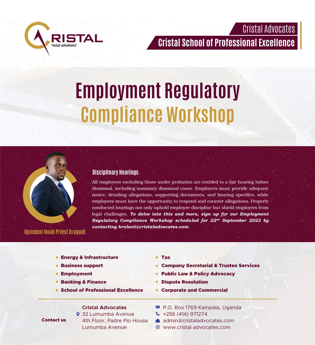 Disciplinary hearings

Employees in Uganda are entitled to a fair hearing before dismissal. To delve into this and more, sign up for our Employment Regulatory Compliance Workshop scheduled for 22nd September 2022 by contacting krolant@cristaladvocates.com
