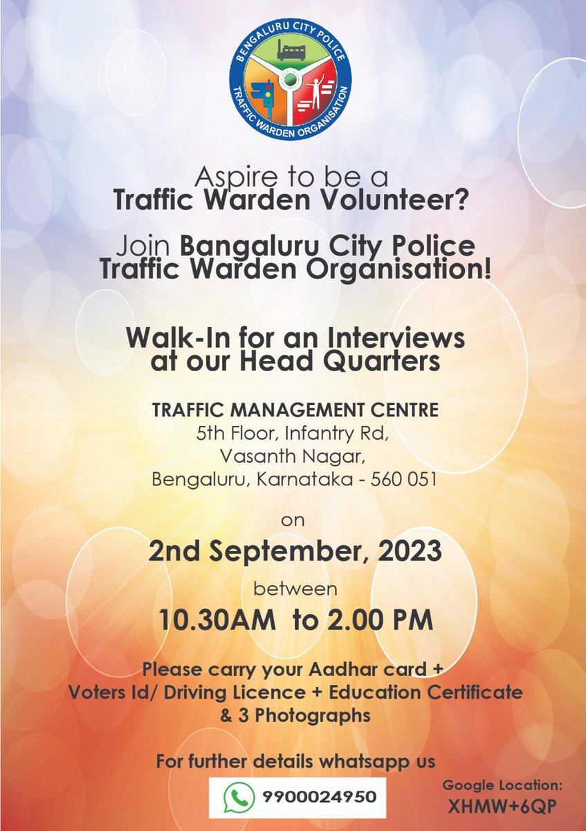 Step Forward with a Purpose, join our #TrafficWarden tribe! Be the Difference, be a part of the solution. WhatsApp on 99000 24950 for more details. @CPBlr @blrcitytraffic @DCPTrEastBCP @DCPTrWestBCP @DCPSouthTrBCP @DCPTrNorthBCP @0RRCA @NammaBengaluroo @Namma_Bengaluru