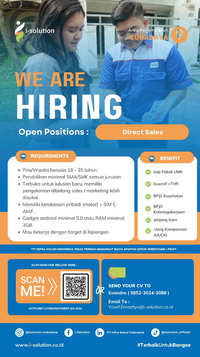 Evandro_41's tweet photo. Info Loker Malang - Surabaya
Sales ( First Media )  
Gaji Pokok UMK + insentif https://t.co/iitBh8khiE