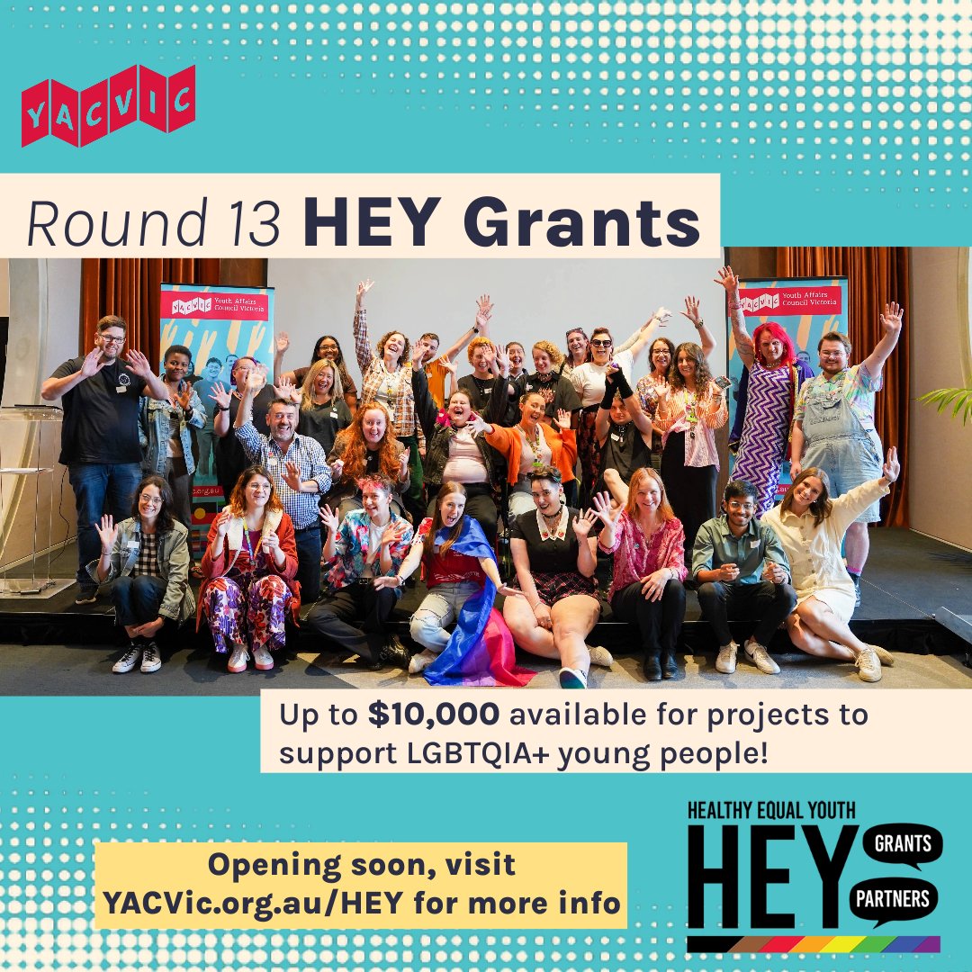 📣 PSA: It’s HEY Grants time 💸

If you have ideas for a project that will support LGBTQIA+ young people, we want to hear about it 😍

Each project can receive up to $10,000. Round 13 is opening soon so get ready! More info here 👉 bit.ly/3sssJ7s