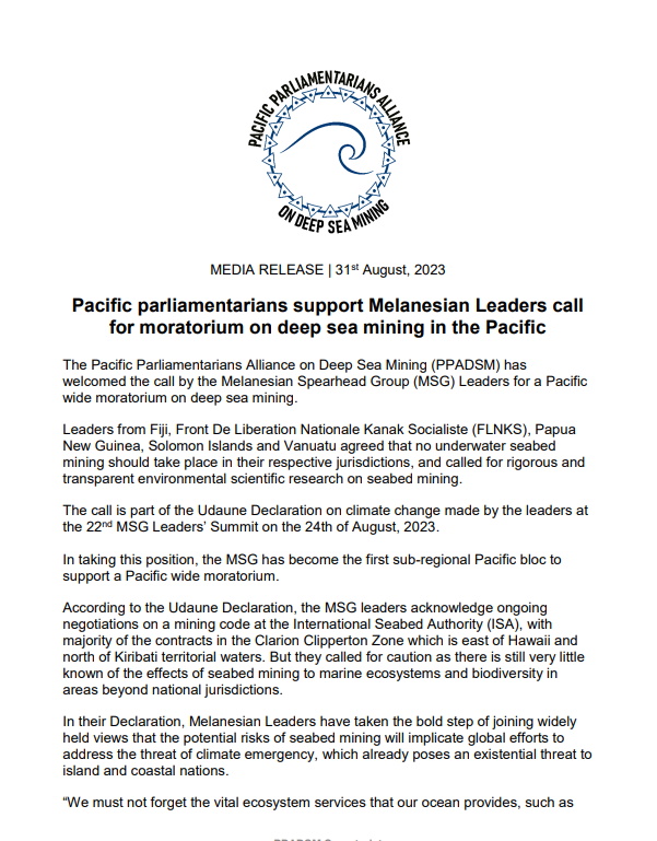 pacblueline's tweet photo. 🔴MEDIA RELEASE
Pacific parliamentarians support Melanesian Leaders call for moratorium on deep sea mining in the Pacific
As Pacific islanders it is our moral obligation to care for our Ocean‼️
#StopOceanCrime #DoNoHarm #PacificBlueLine https://t.co/EkhH8wlHRd