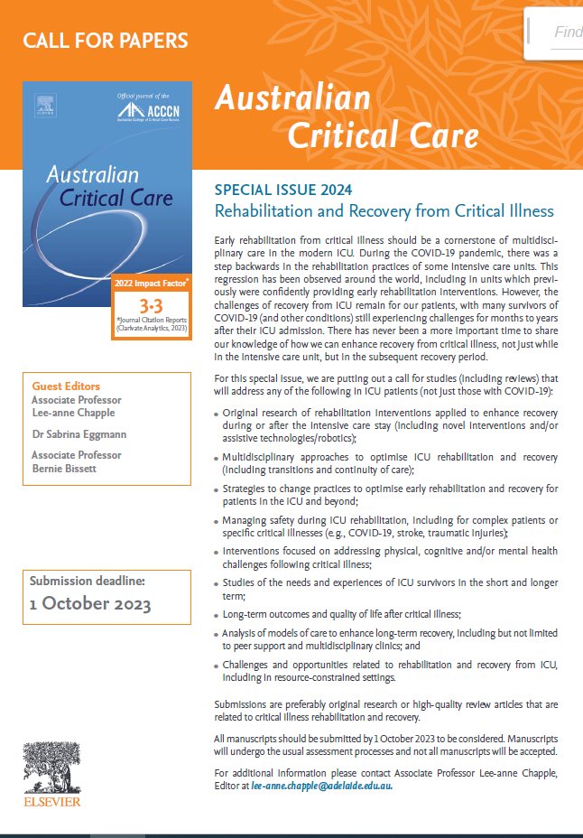 Hot off the press! @Aus_CC is planning its next special issue on Rehabilitation and Recovery from Critical Illness