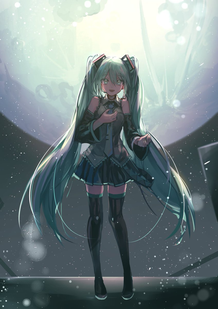 hatsune miku 1girl solo long hair twintails thighhighs skirt detached sleeves  illustration images
