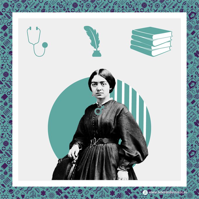 En la imagen aparece una mujer muy jovencita, casi cejijunta y envuelta un largo vestido estilo isabelino. Es morena de pelo recogido, delgada y de mirada seria y confiada. Se ha incluido en su pecho el símbolo de la feminidad, es decir, un círculo del que brota una cruz alargada. Además se presentan otros símbolos y siluetas como un estetoscopio, una pluma con un tintero, y una pila de tomos y libros. 