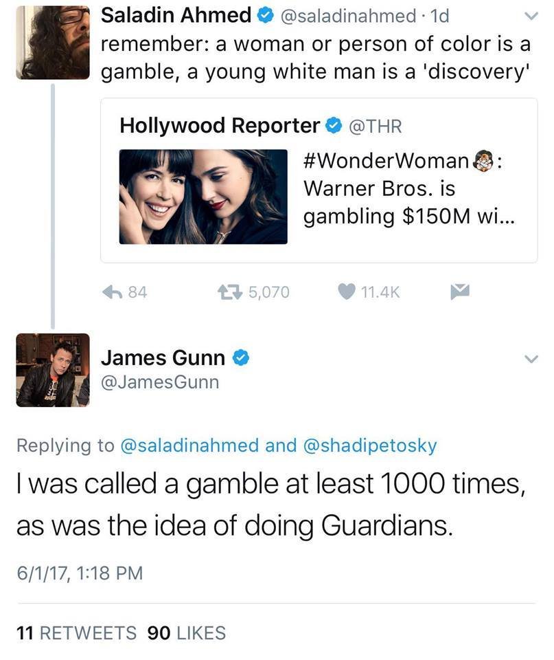 SamuEl_KentMan's tweet photo. Says the dude who ranked comic women by fuckability 🙄 #JamesGunn Entitled like #MaxLandis 

Zaslav is so good at "gambling", isn't he, because DC has performed so great this year, thanks Gunn! Glad you could get some scores on the board. @PattyJenks #WhiteManFailingUpwards https://t.co/CTcUGY4X8Z