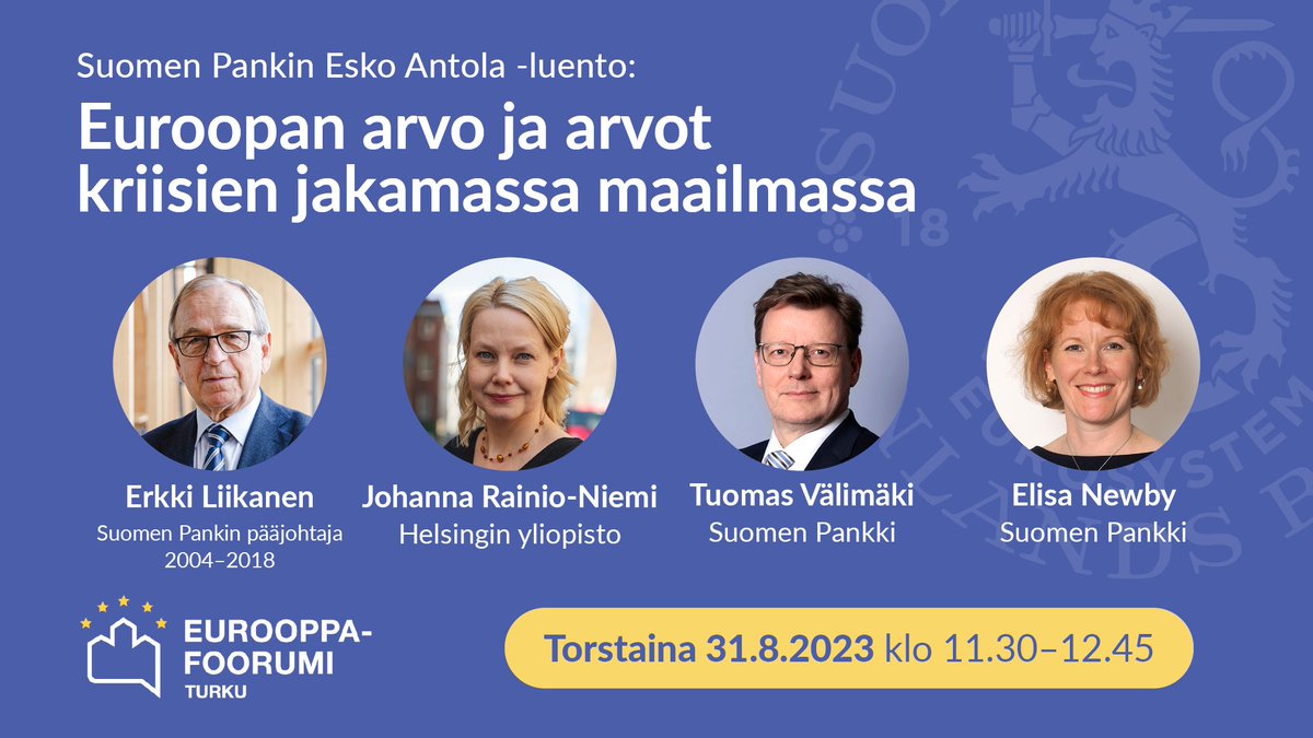 SuomenPankki's tweet photo. Tänään keskustelemme Turun @Eurooppafoorumi​ssa Euroopan arvoista ja arvosta. @LiikanenErkki pitää aiheesta Esko Antola -luennon, mukana keskustelemassa @RainioNiemi, @TuomasValimaki, @EconEwby.

Seuraa keskustelua suorana Sigyn-salista klo 11.30 alkaen
👉 https://t.co/5GXiF4tVIZ https://t.co/otfBpH0Rwl