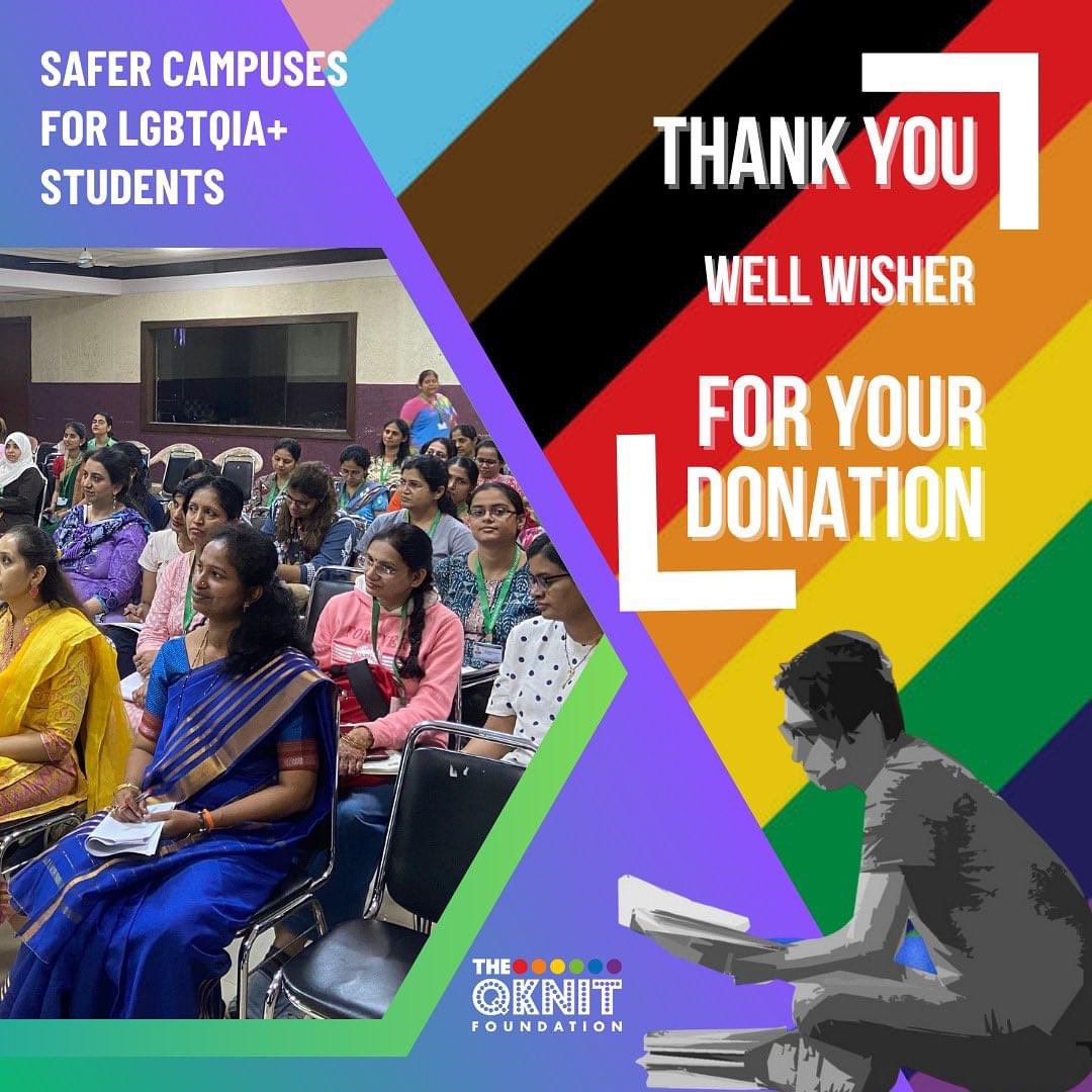 Thank you another Well Wisher for supporting our Safer Campuses for LGBTQIA+ Students Campaign.
 
We aspire to create 100 Safer Campuses across the city by sensitising 10000 students and 500 staff members.

#theqknit #campaign #safercampuses #india #inclusion #safety #lgbtqia