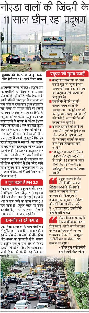 Pravendra_Sikar's tweet photo. यूनिवर्सिटी ऑफ शिकागो की AQLI (एयर क्वालिटी लाइफ इंडेक्स) पर तैयार की रिपोर्ट के मुताबिक पलूशन की वजह से नोएडा वालों की जिंदगी के 11 साल हो रहे हैं कम। 
@NBTDilli https://t.co/eN396pogPF