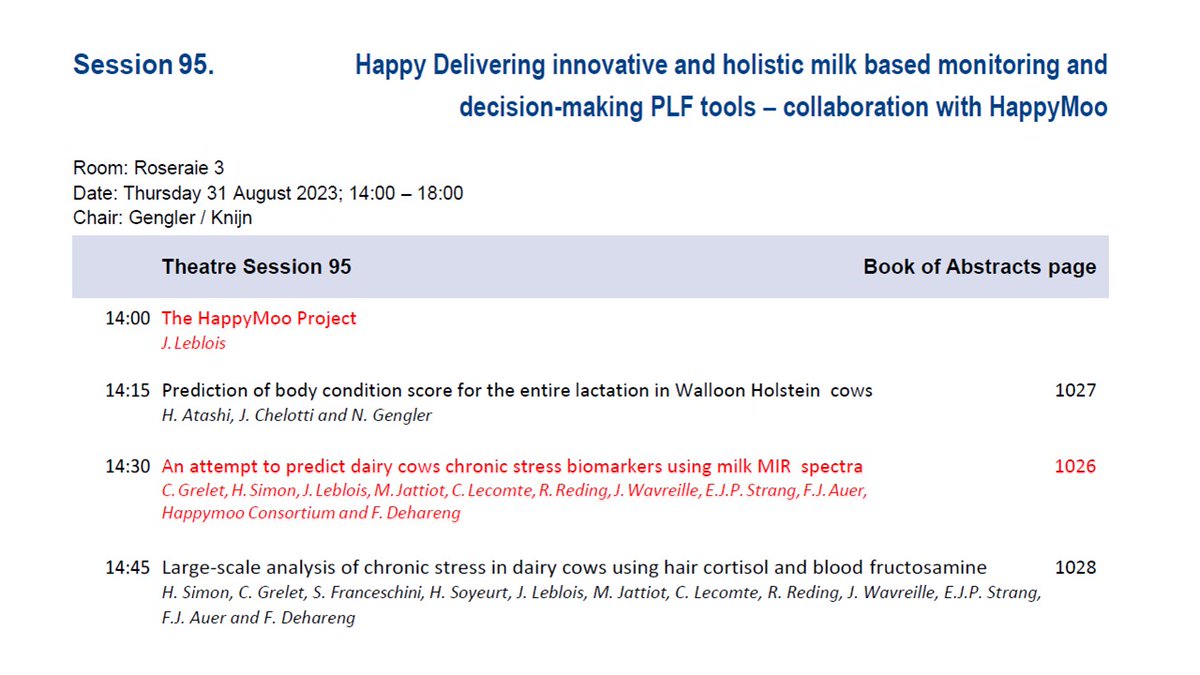 nicogengler's tweet photo. Do not forget Session 95 this afternoon in Roseraie 3 @eaap2023Lyon, please come to meet the @HappyMooProject  partners and other colleagues (please note updated program distributed earlier) https://t.co/6Z3tV3e09w
