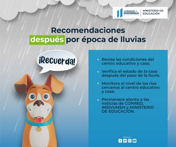 ☔️👉 En la temporada de lluvia es importante seguir las siguientes recomendaciones.
#Mineduc #PrevenirParaVivir #CumpliéndoleAGuate