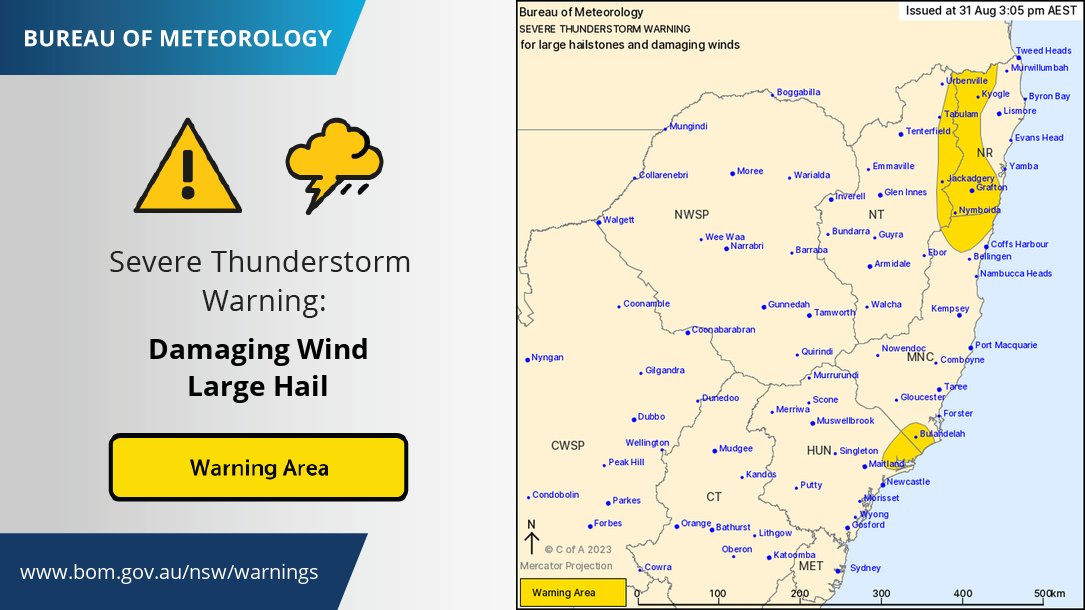 ⚠️⛈️Severe Thunderstorm Warning issued. Large hail &amp; accumulations of small hail are possible around Bulahdelah. Separate severe thunderstorms are also occurring around Grafton, Kyogle, Maclean and Dorrigo, with the added risk of damaging winds. bom.gov.au/nsw/warnings/