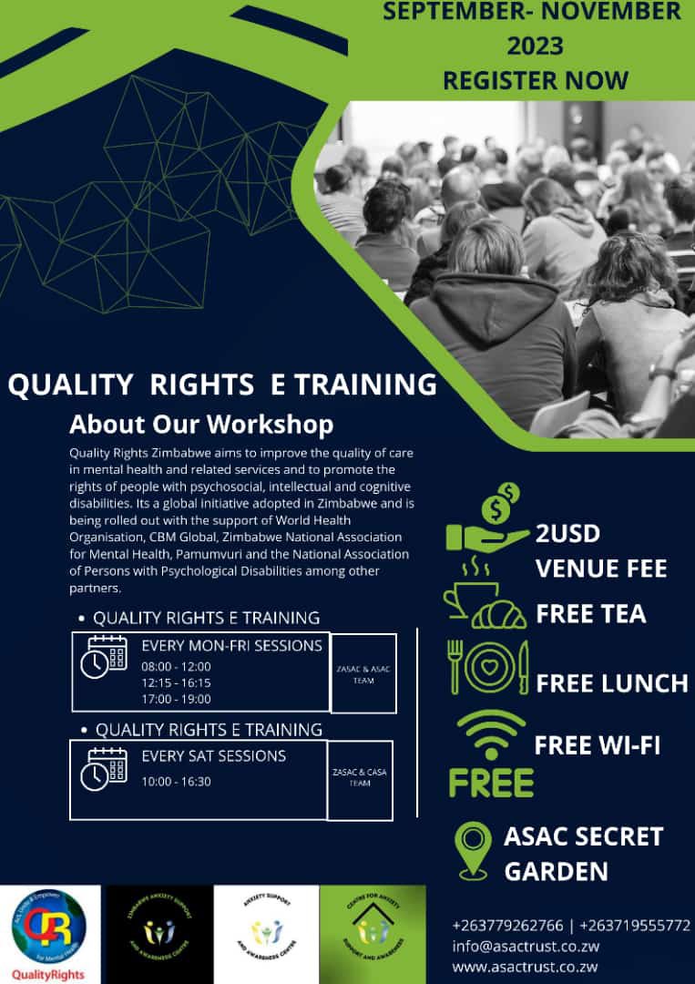 Organizations in Zimbabwe are training their staff on the #QualityRights Join ZASAC &amp; ASAC at the ASAC Secret Garden every Saturday between 1000 and 1630 hrs for the training sessions. details on the flier attached <a href="/MichelleFunk3/">Michelle Funk</a>  <a href="/WHO_Zimbabwe/">WHO Zimbabwe</a>  <a href="/WHOAFRO/">WHO African Region</a> <a href="/Pamumvurizwe/">Pamumvuri</a> <a href="/FloBaing/">Florence Baingana</a>